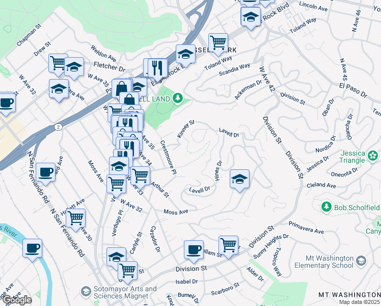 map of restaurants, bars, coffee shops, grocery stores, and more near 2500 El Rosa Drive in Los Angeles