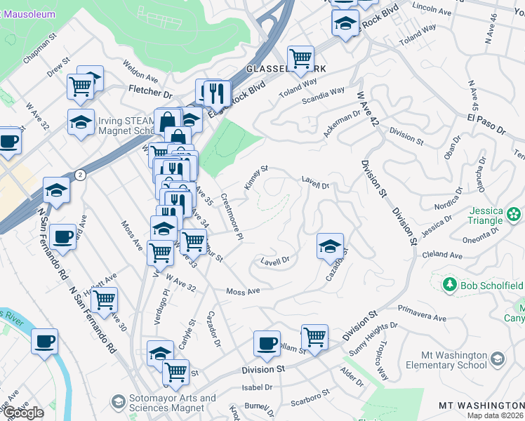 map of restaurants, bars, coffee shops, grocery stores, and more near 2500 El Rosa Drive in Los Angeles