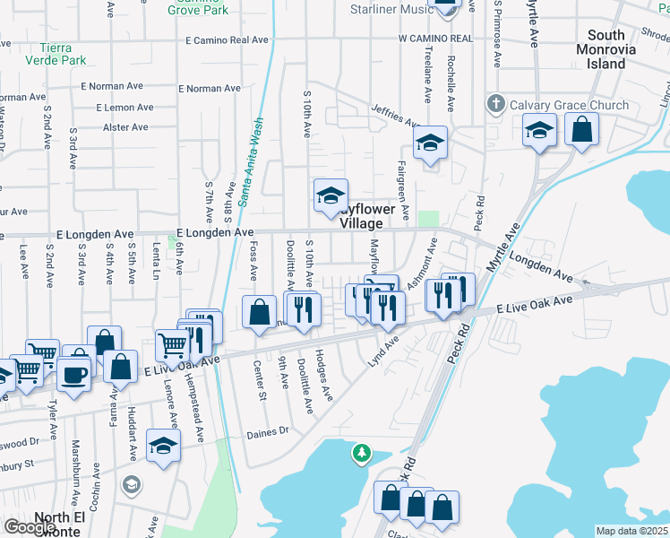 map of restaurants, bars, coffee shops, grocery stores, and more near 1102 Birchcroft Street East in Arcadia