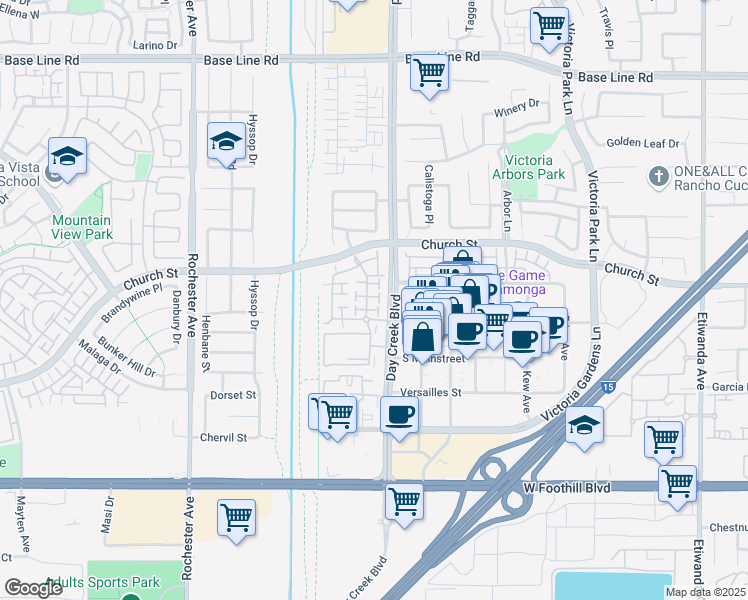 map of restaurants, bars, coffee shops, grocery stores, and more near 7725 Hess Place in Rancho Cucamonga