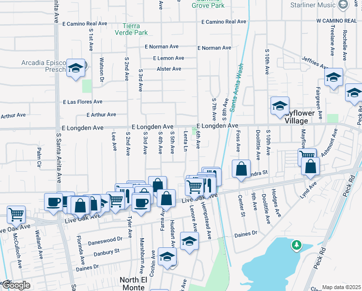 map of restaurants, bars, coffee shops, grocery stores, and more near 2240 Hollis Lane in Arcadia