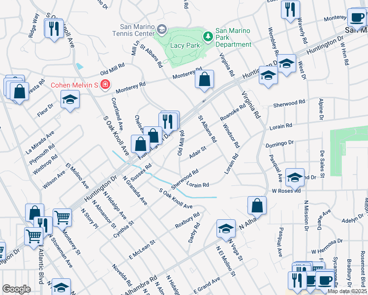 map of restaurants, bars, coffee shops, grocery stores, and more near 1710 Old Mill Road in San Marino