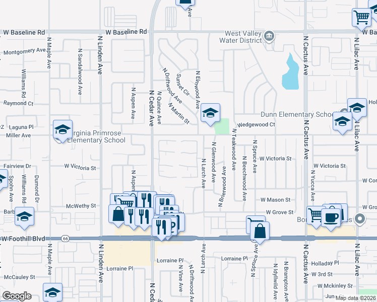 map of restaurants, bars, coffee shops, grocery stores, and more near 1118 West Van Koevering Street in Rialto