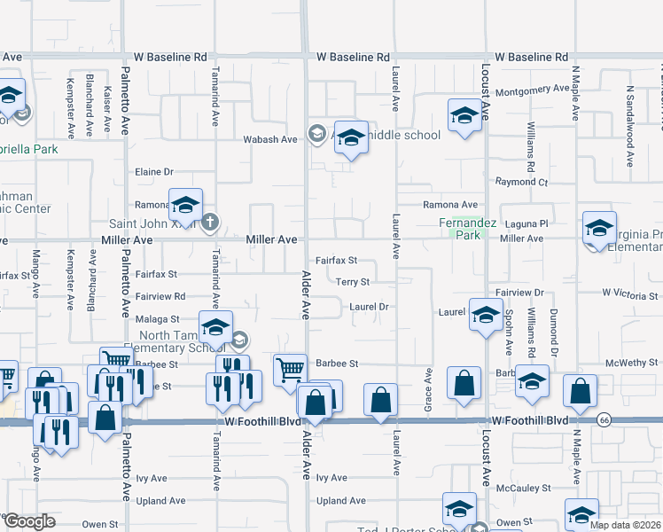 map of restaurants, bars, coffee shops, grocery stores, and more near 17767 Fairfax Street in Fontana