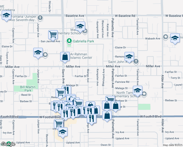 map of restaurants, bars, coffee shops, grocery stores, and more near 7754 Kempster Avenue in Fontana