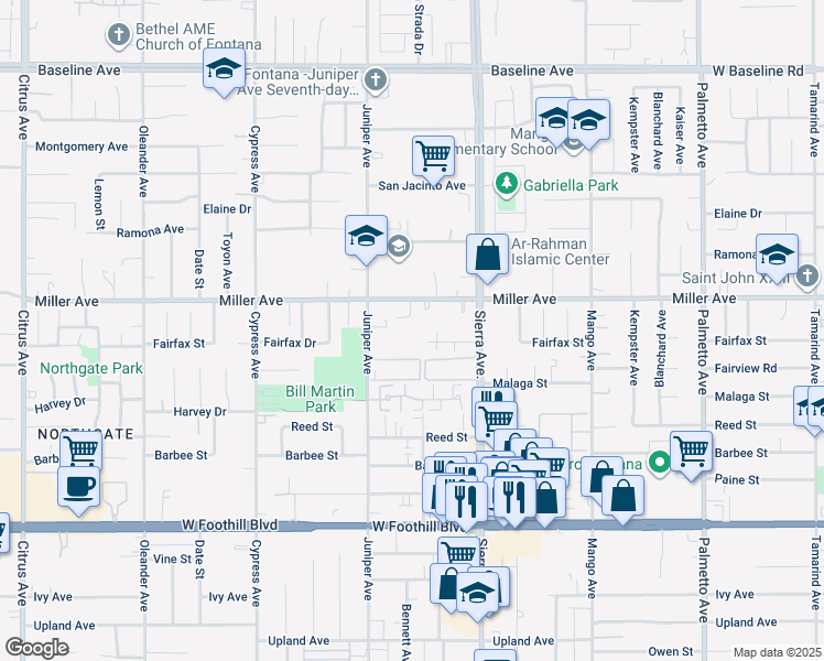 map of restaurants, bars, coffee shops, grocery stores, and more near 16787 Miller Avenue in Fontana