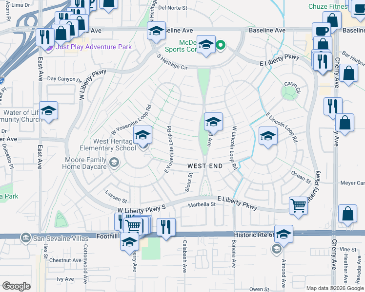 map of restaurants, bars, coffee shops, grocery stores, and more near 13712 Balboa Court in Fontana