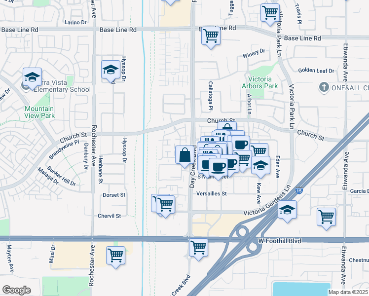 map of restaurants, bars, coffee shops, grocery stores, and more near 7721 Hess Place in Rancho Cucamonga