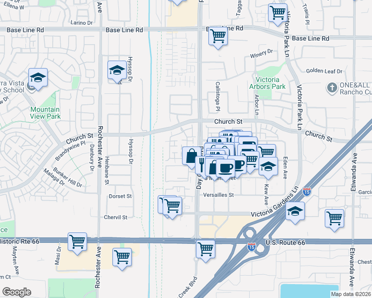 map of restaurants, bars, coffee shops, grocery stores, and more near 7736 Hess Place in Rancho Cucamonga