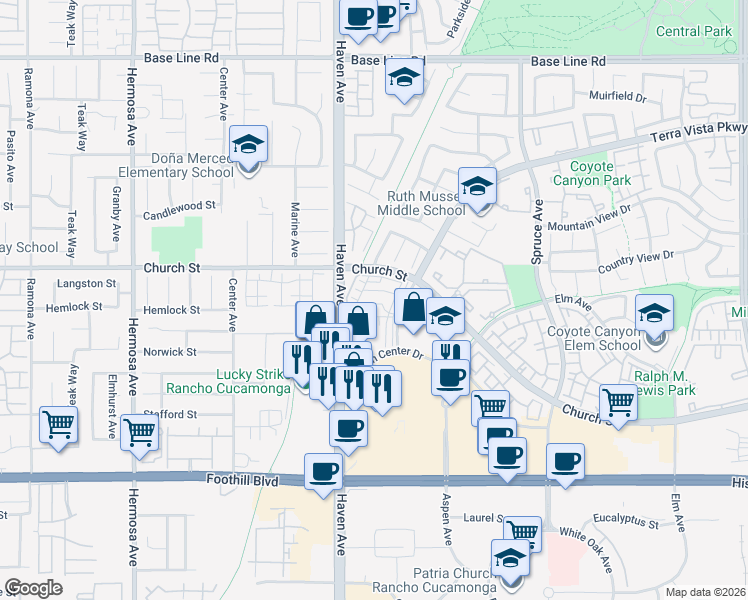 map of restaurants, bars, coffee shops, grocery stores, and more near 10555 Wilding Drive in Rancho Cucamonga