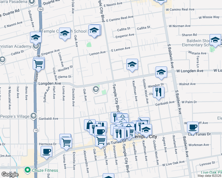 map of restaurants, bars, coffee shops, grocery stores, and more near in Temple City