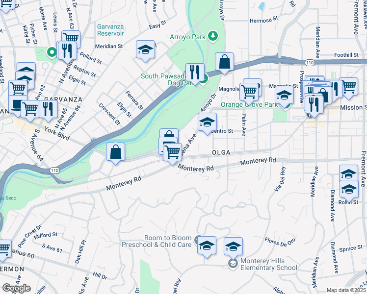 map of restaurants, bars, coffee shops, grocery stores, and more near 315 Pasadena Avenue in South Pasadena