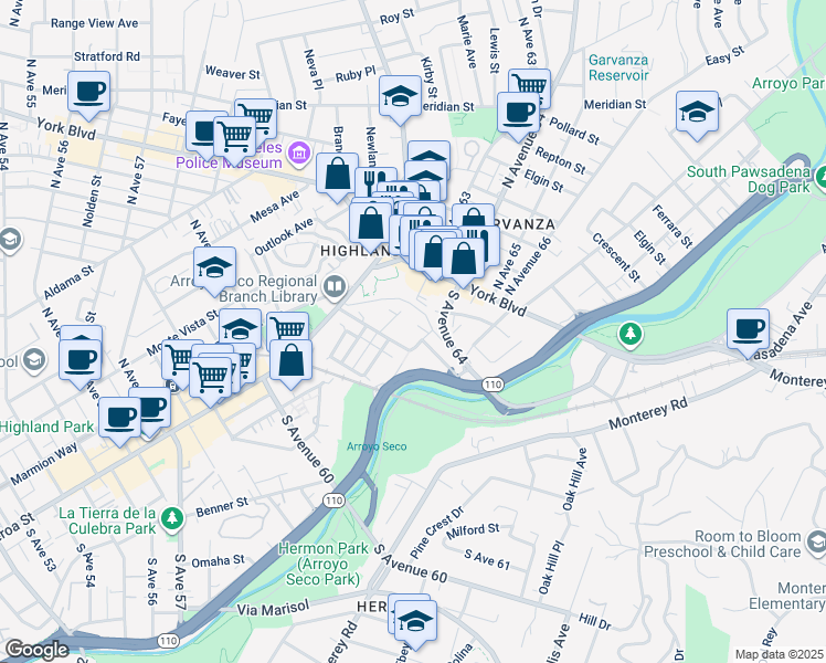 map of restaurants, bars, coffee shops, grocery stores, and more near 217 South Avenue 64 in Los Angeles