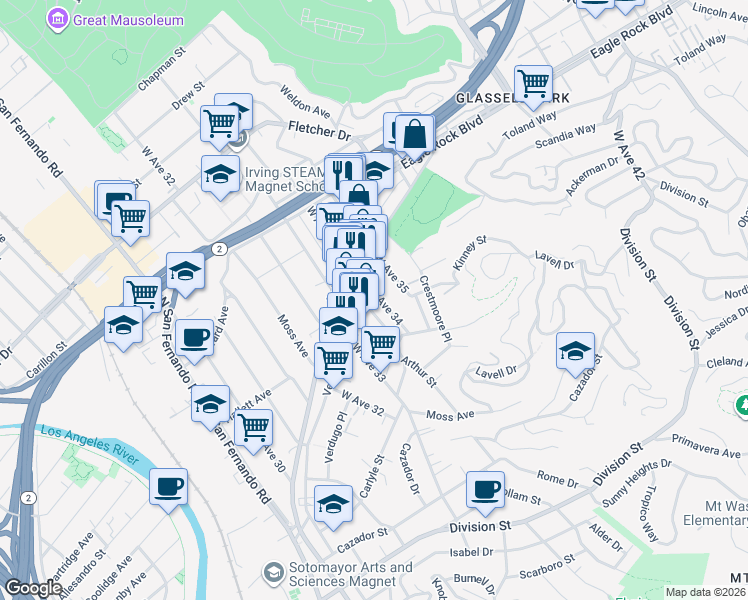 map of restaurants, bars, coffee shops, grocery stores, and more near 2625 West Avenue 34 in Los Angeles