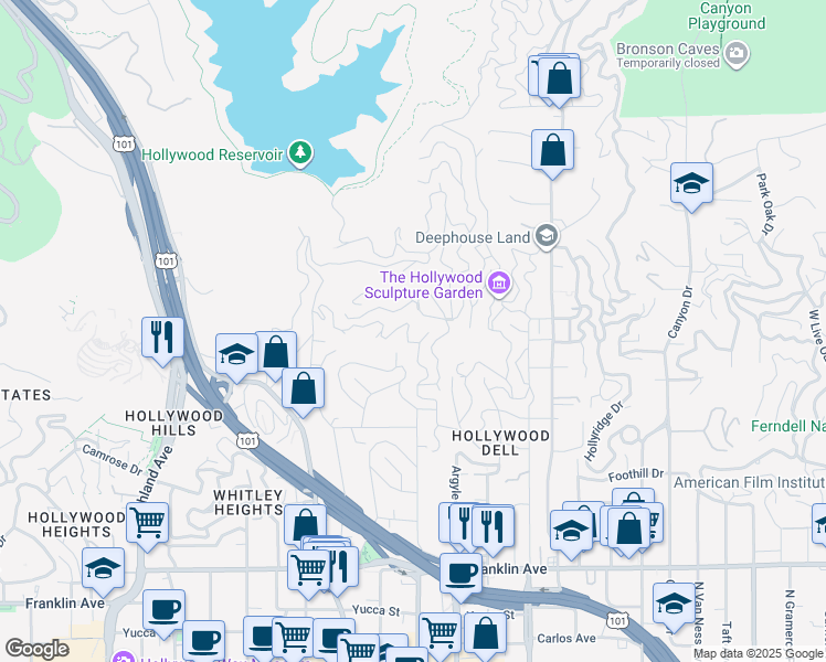map of restaurants, bars, coffee shops, grocery stores, and more near 6345 Bryn Mawr Drive in Los Angeles
