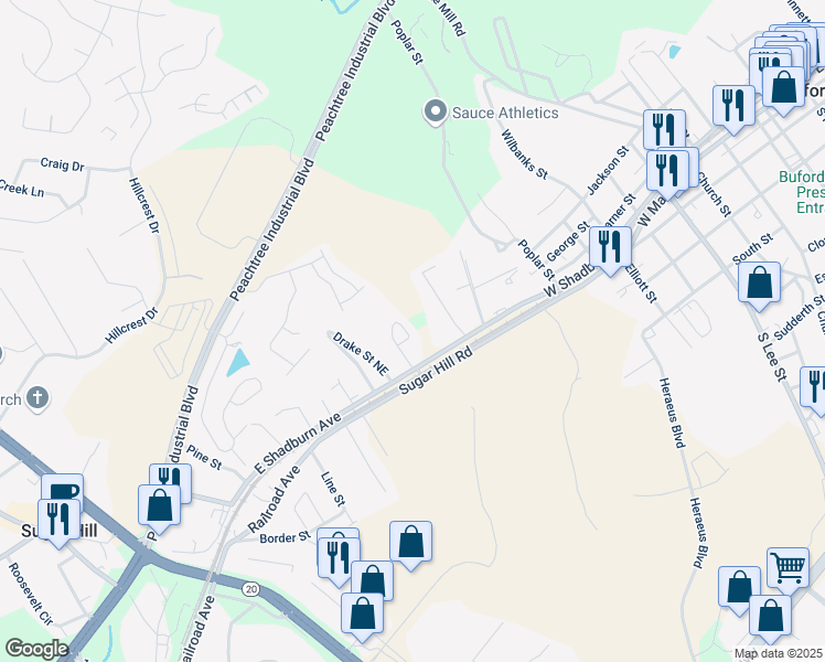 map of restaurants, bars, coffee shops, grocery stores, and more near 85 Lawson Street in Buford