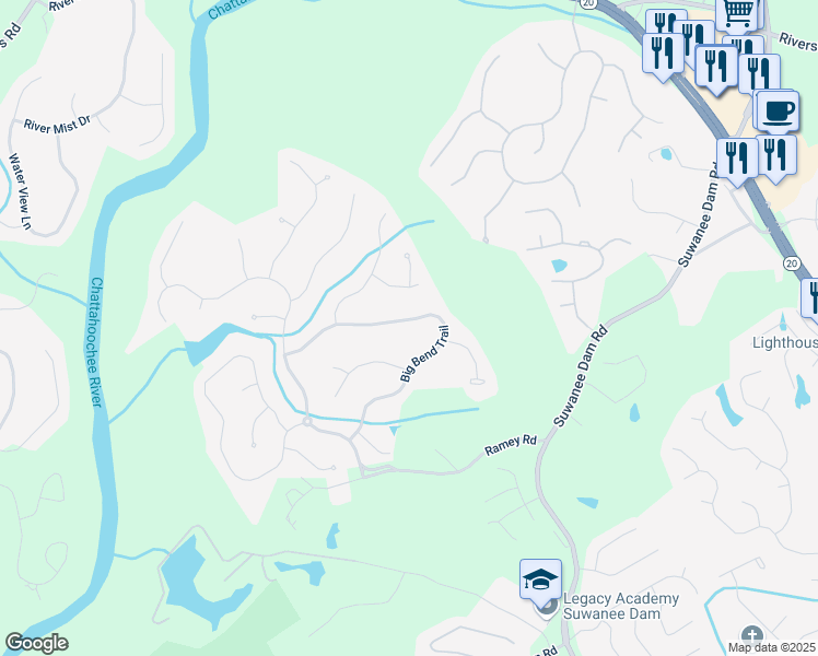 map of restaurants, bars, coffee shops, grocery stores, and more near 445 Big Bend Trail in Sugar Hill