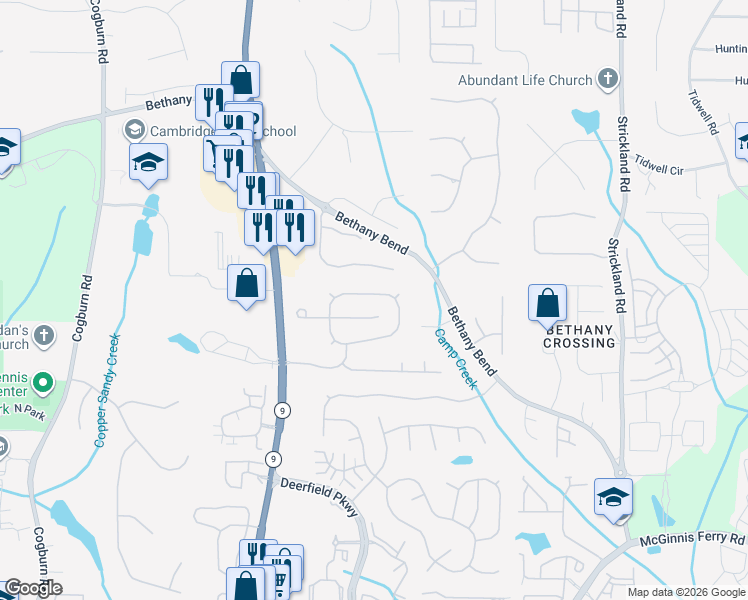 map of restaurants, bars, coffee shops, grocery stores, and more near 13575 Weycroft Circle in Alpharetta