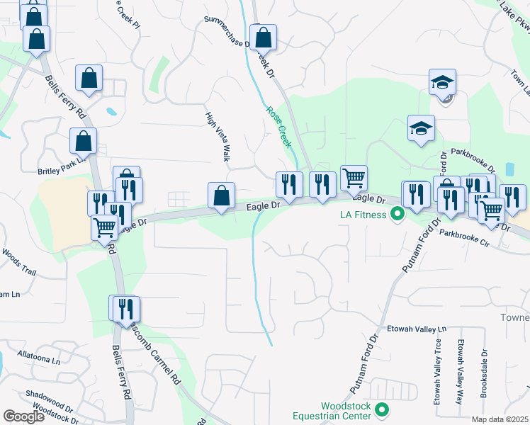 map of restaurants, bars, coffee shops, grocery stores, and more near Eagle Drive in Woodstock