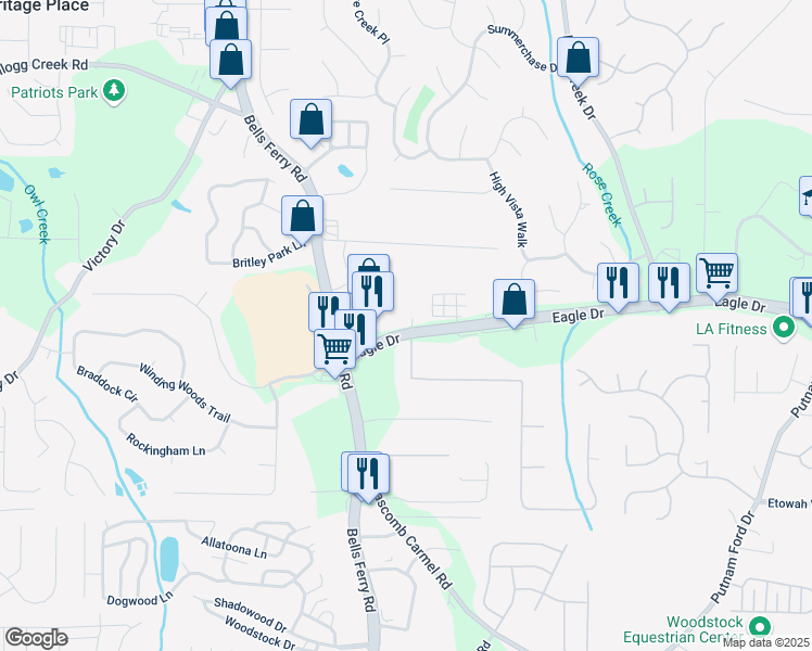 map of restaurants, bars, coffee shops, grocery stores, and more near 1811 Eagle Drive in Woodstock
