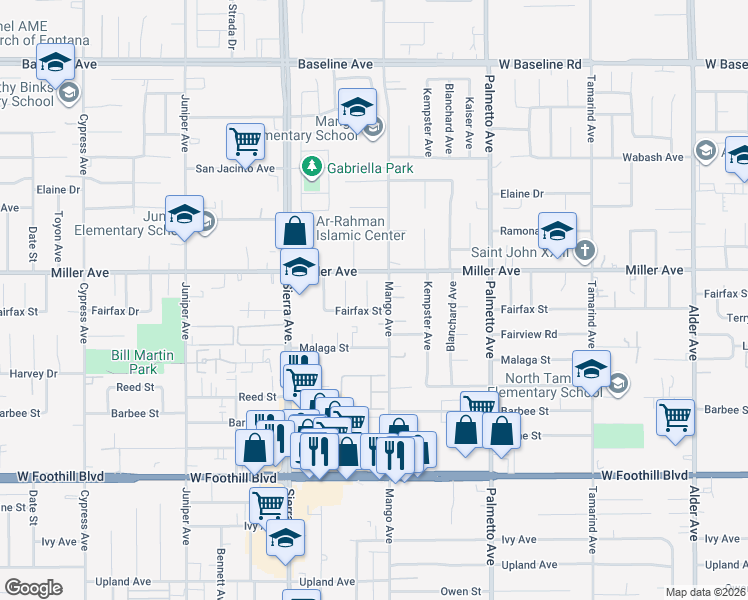 map of restaurants, bars, coffee shops, grocery stores, and more near 7749 Emerald Court in Fontana