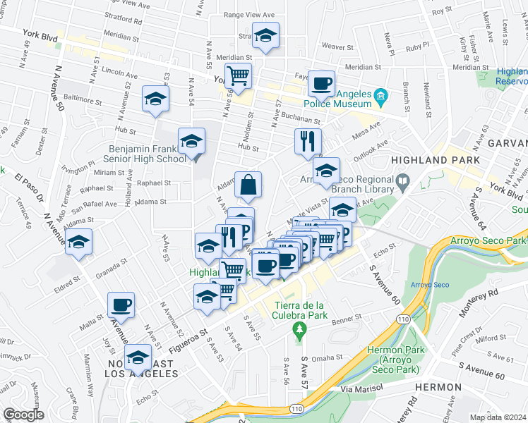 map of restaurants, bars, coffee shops, grocery stores, and more near 338 1/2 North Avenue 57 in Los Angeles