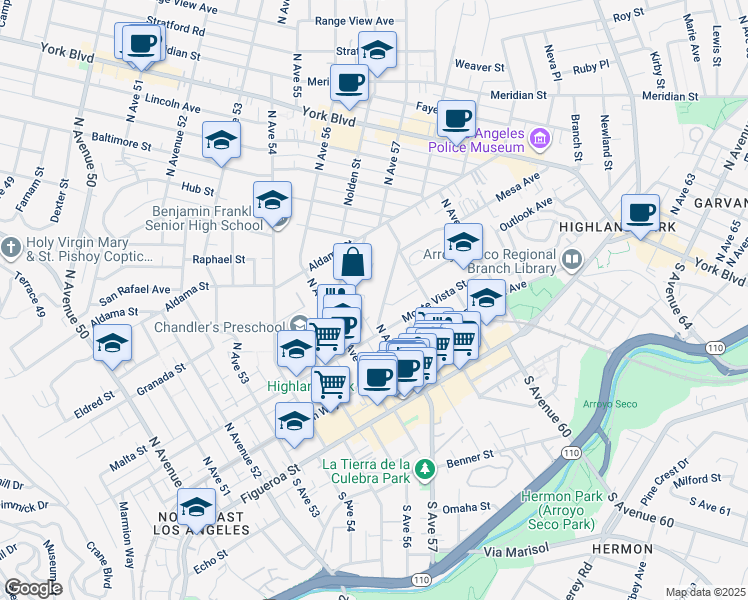 map of restaurants, bars, coffee shops, grocery stores, and more near 342 1/2 North Avenue 57 in Los Angeles