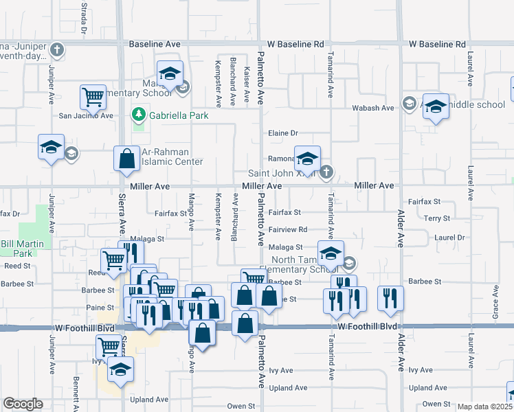 map of restaurants, bars, coffee shops, grocery stores, and more near 7756 Palmetto Avenue in Fontana