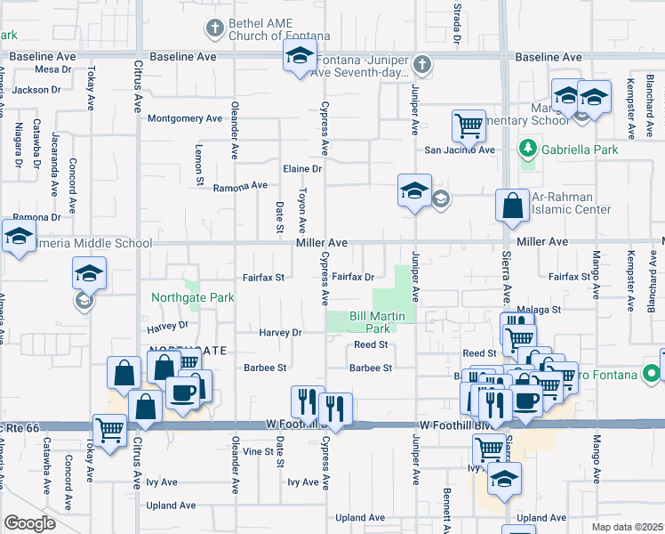 map of restaurants, bars, coffee shops, grocery stores, and more near 7755 Cypress Avenue in Fontana