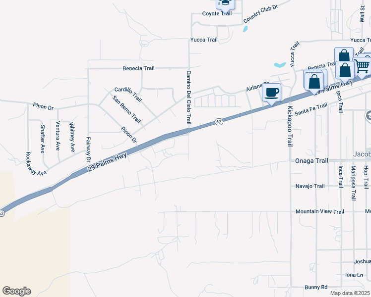 map of restaurants, bars, coffee shops, grocery stores, and more near 54896 Onaga Trail in Yucca Valley