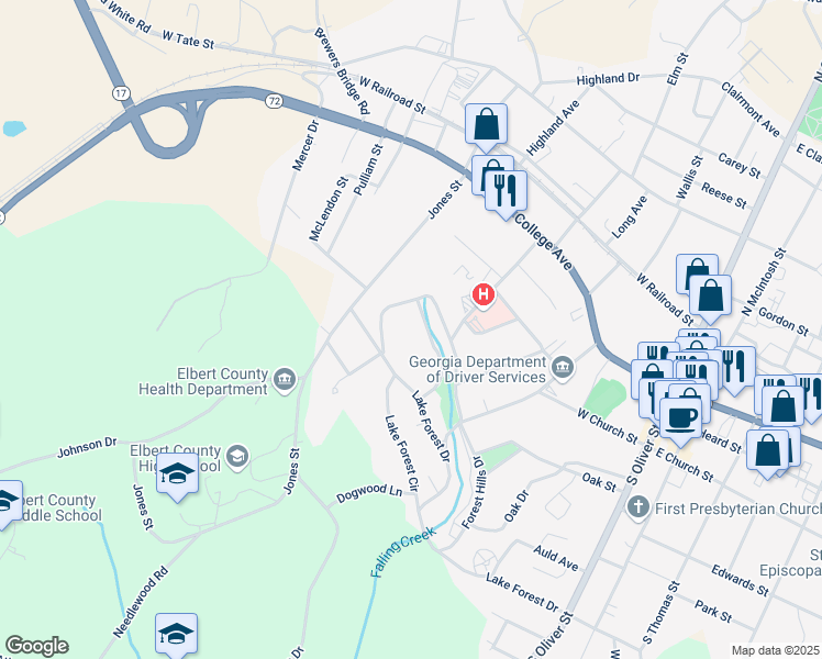 map of restaurants, bars, coffee shops, grocery stores, and more near 131 Brookwood Circle in Elberton