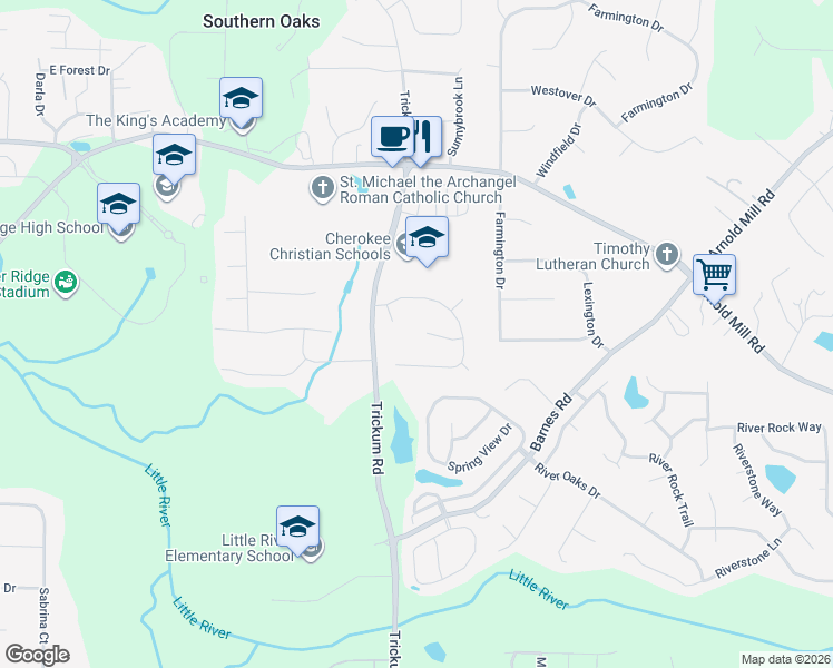 map of restaurants, bars, coffee shops, grocery stores, and more near 411 3 Branches Court in Woodstock