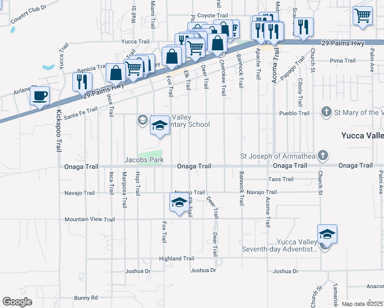 map of restaurants, bars, coffee shops, grocery stores, and more near 7647 Elk Trail in Yucca Valley