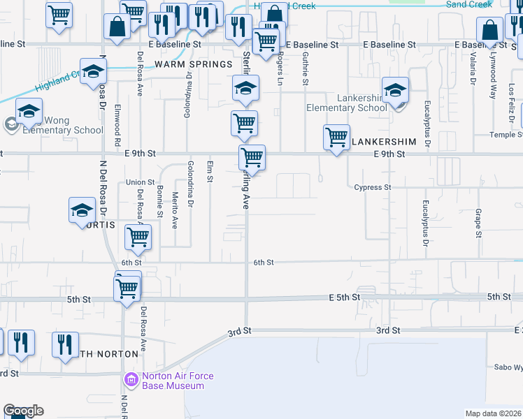 map of restaurants, bars, coffee shops, grocery stores, and more near 25742 7th Street in San Bernardino