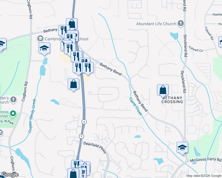 map of restaurants, bars, coffee shops, grocery stores, and more near 13575 Weycroft Circle in Alpharetta