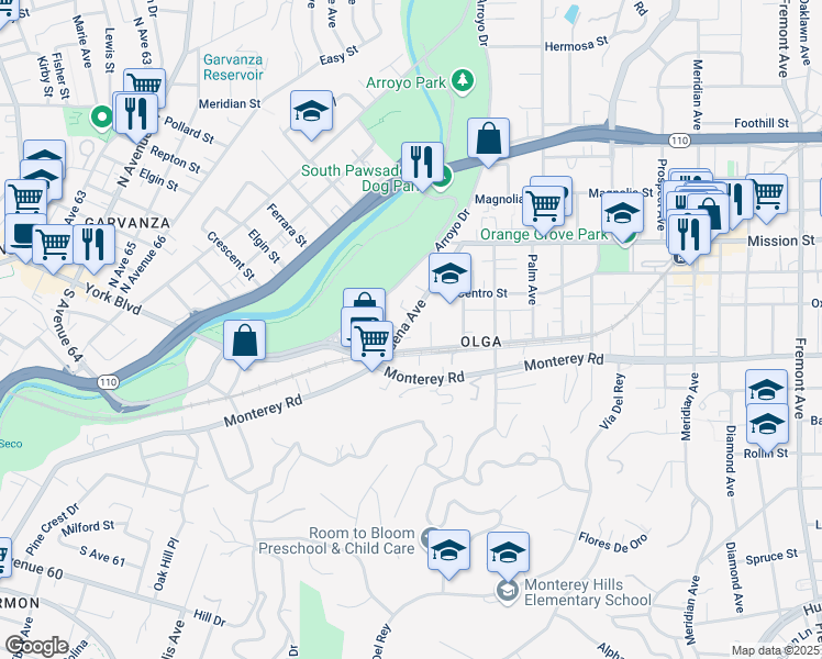 map of restaurants, bars, coffee shops, grocery stores, and more near 315 Pasadena Avenue in South Pasadena