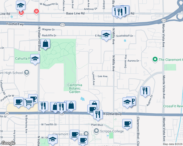 map of restaurants, bars, coffee shops, grocery stores, and more near 1625 Lowell Avenue in Claremont