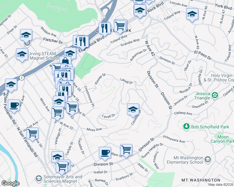 map of restaurants, bars, coffee shops, grocery stores, and more near 3716 Lavell Drive in Los Angeles