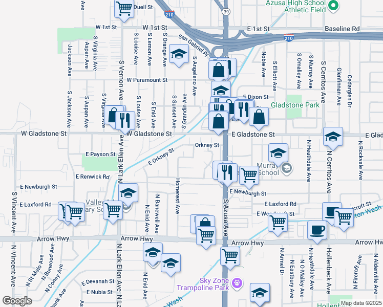 map of restaurants, bars, coffee shops, grocery stores, and more near 543 South Rue De Vallee in Azusa