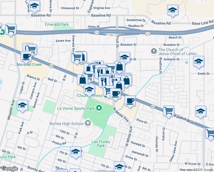 map of restaurants, bars, coffee shops, grocery stores, and more near 2229 Foothill Boulevard in La Verne