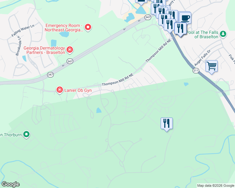 map of restaurants, bars, coffee shops, grocery stores, and more near 2635 Shumard Oak Drive in Braselton