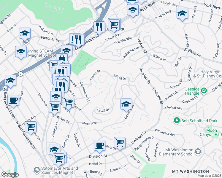 map of restaurants, bars, coffee shops, grocery stores, and more near 3716 Lavell Drive in Los Angeles