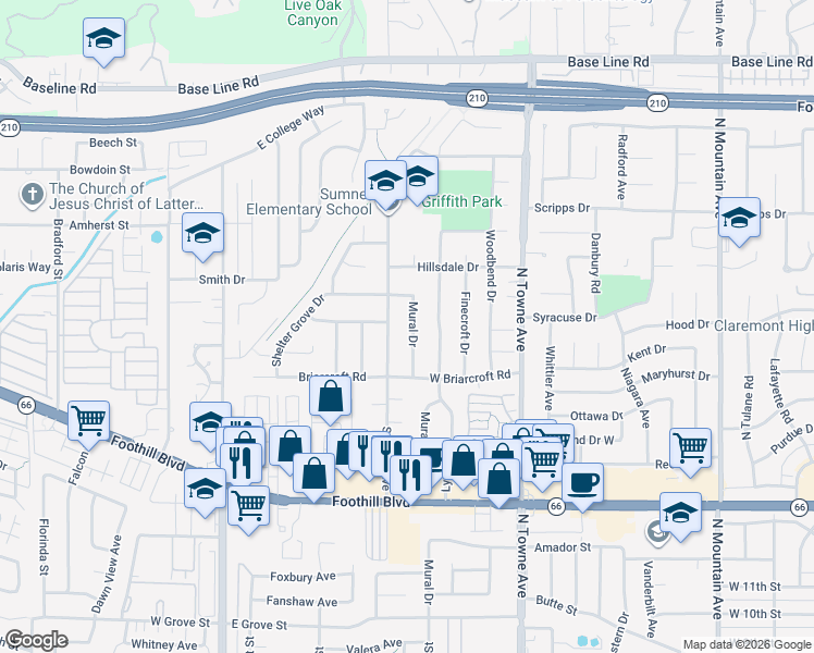 map of restaurants, bars, coffee shops, grocery stores, and more near 1586 Mural Drive in Claremont
