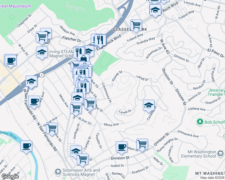 map of restaurants, bars, coffee shops, grocery stores, and more near 3562 North Paseo Drive in Los Angeles