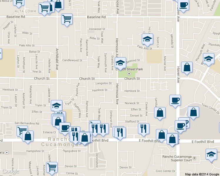 map of restaurants, bars, coffee shops, grocery stores, and more near 10052 Hemlock Street in Rancho Cucamonga