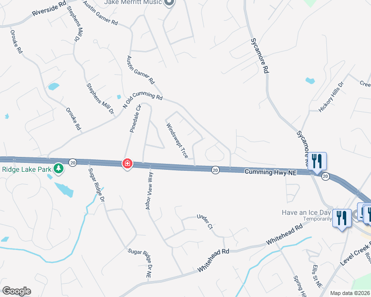 map of restaurants, bars, coffee shops, grocery stores, and more near 5395 Windswept Trace in Sugar Hill