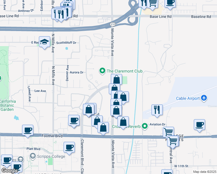 map of restaurants, bars, coffee shops, grocery stores, and more near in Claremont