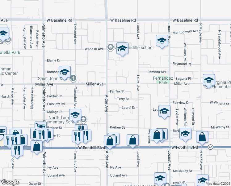 map of restaurants, bars, coffee shops, grocery stores, and more near 17767 Fairfax Street in Fontana