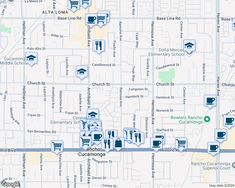 map of restaurants, bars, coffee shops, grocery stores, and more near 9875 Bolero Drive in Rancho Cucamonga