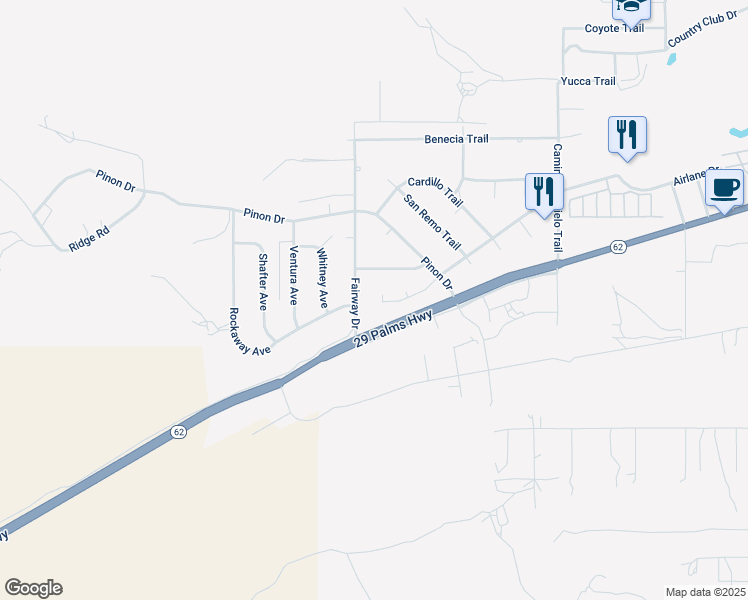 map of restaurants, bars, coffee shops, grocery stores, and more near 7630 Mirada Court in Yucca Valley